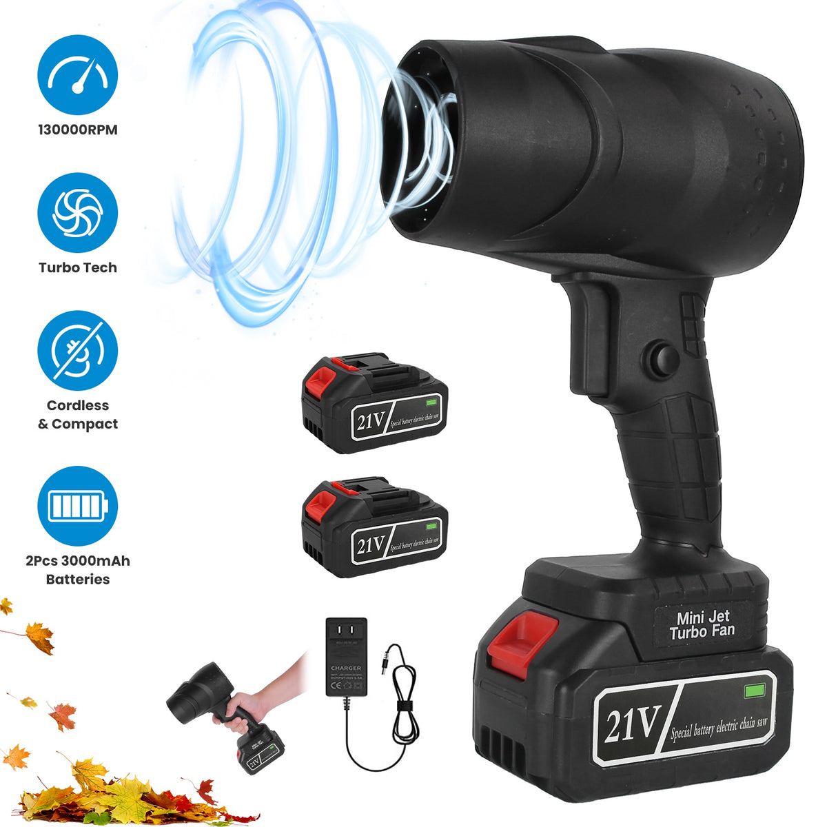 130000RPM Mini Cordless Leaf Blower Jet Blower Battery Operated Blower With 2x 3Ah Batteries For Leaf Snow Dust Water Blowing